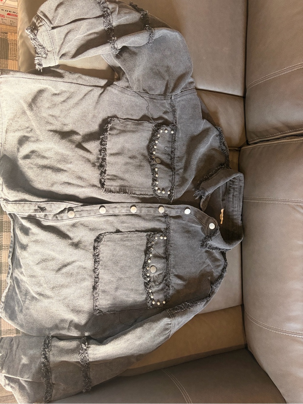 POL Clothing Studded Distressed Denim Trucker Jacket – Charcoal Grey (Size S)
